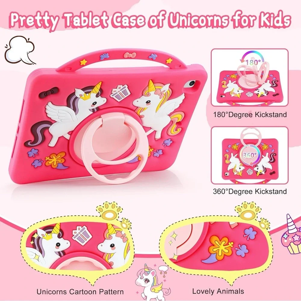 Kids Unicorn Case for iPad 5th 6th Gen Air 1 2 Pro 9.7 Silicone Stand Strap Pink